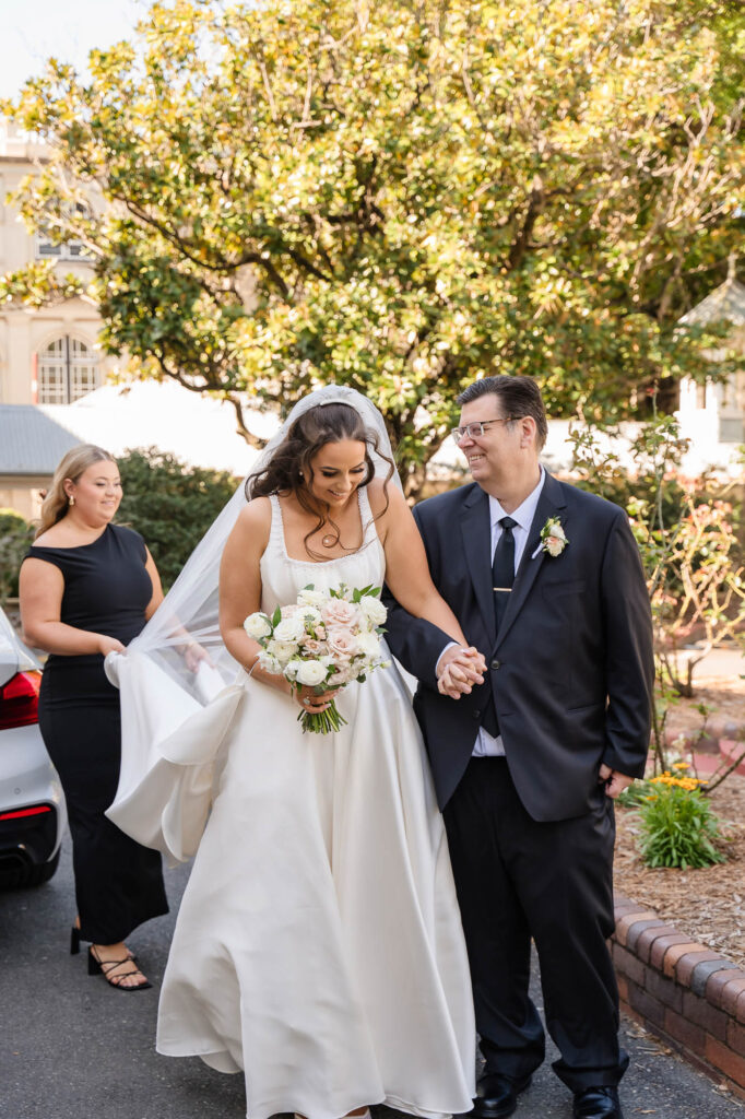 All Hallows Chapel Wedding - Bride and dad